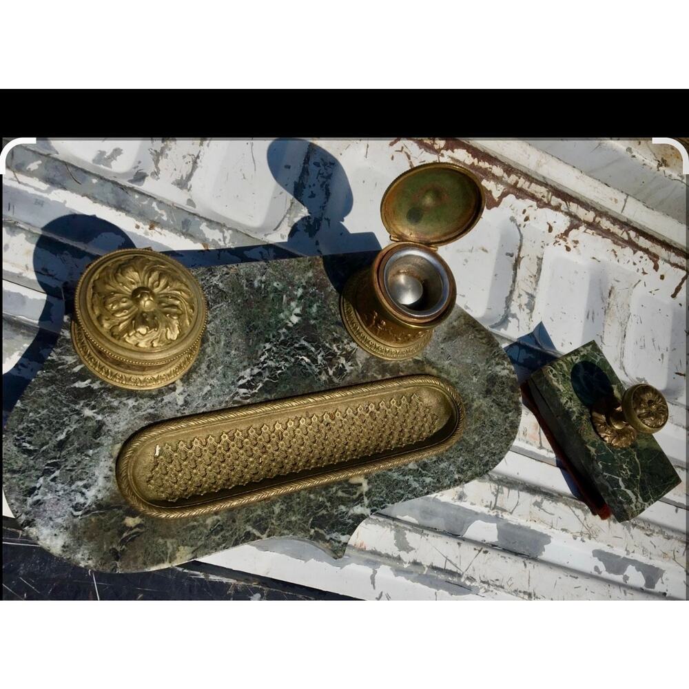Antique Victorian Marble & Brass Desk Set – Complete with Blotter